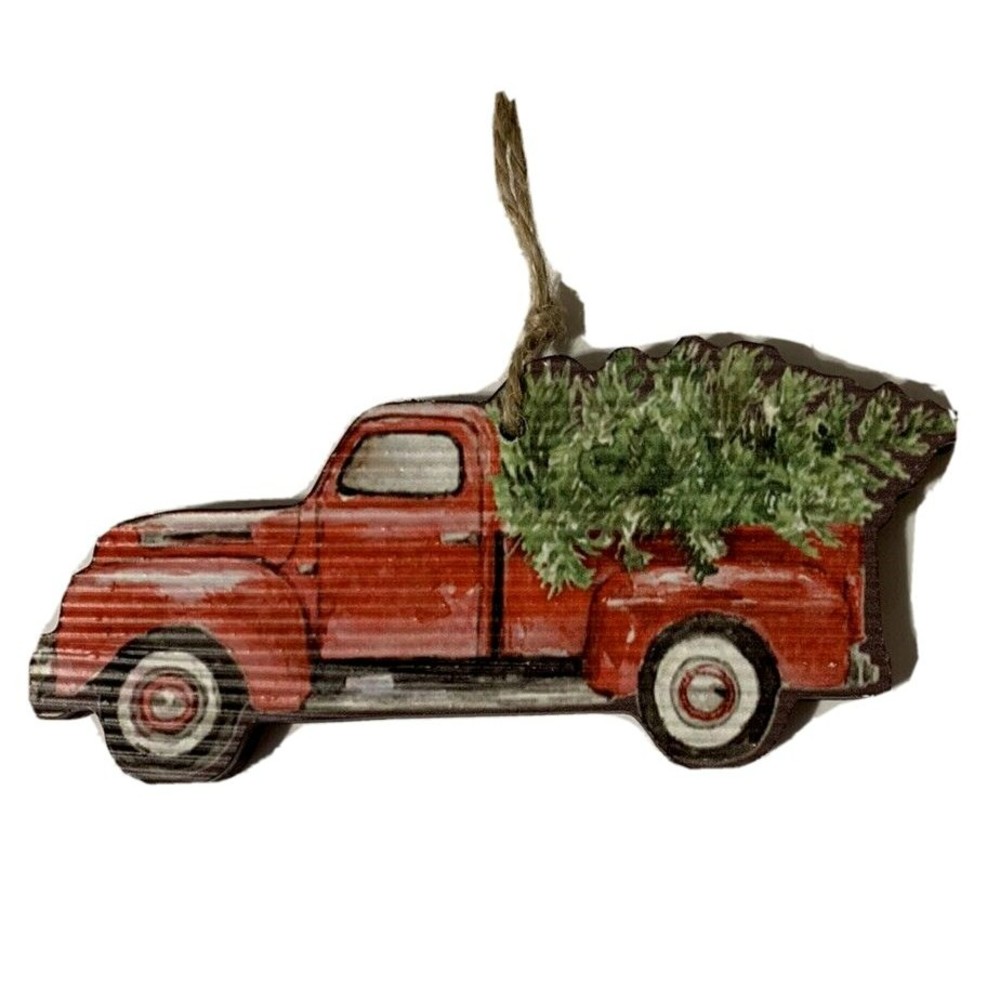 Red Truck with Christmas Tree Ornament Farmhouse Holiday 6" Woodland Lodge Cabin